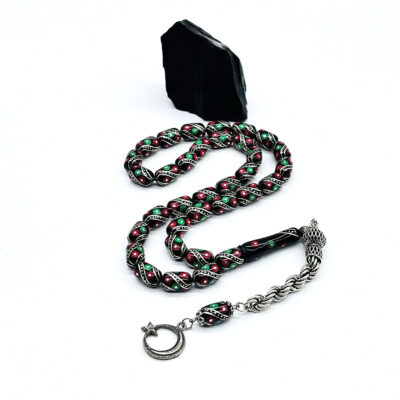 Özel Tasarım Kapsül Kesim Mercan ve Çeşm-i Bülbül İşlemeli Erzurum Oltu Taşı Tesbih