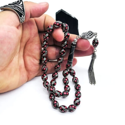 Özel Tasarım Beyzi Kesim Mercan ve Çeşm-i Bülbül İşlemeli Erzurum Oltu Taşı Tesbih