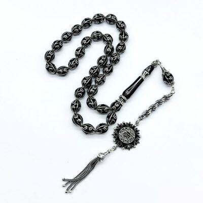 Özel Tasarım Gümüş İşlemeli Oltu Taşı Tesbih