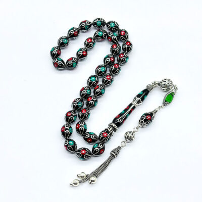 Özel Tasarım Beyzi Kesim Gümüş İşlemeli Oltu Taşı Tesbih