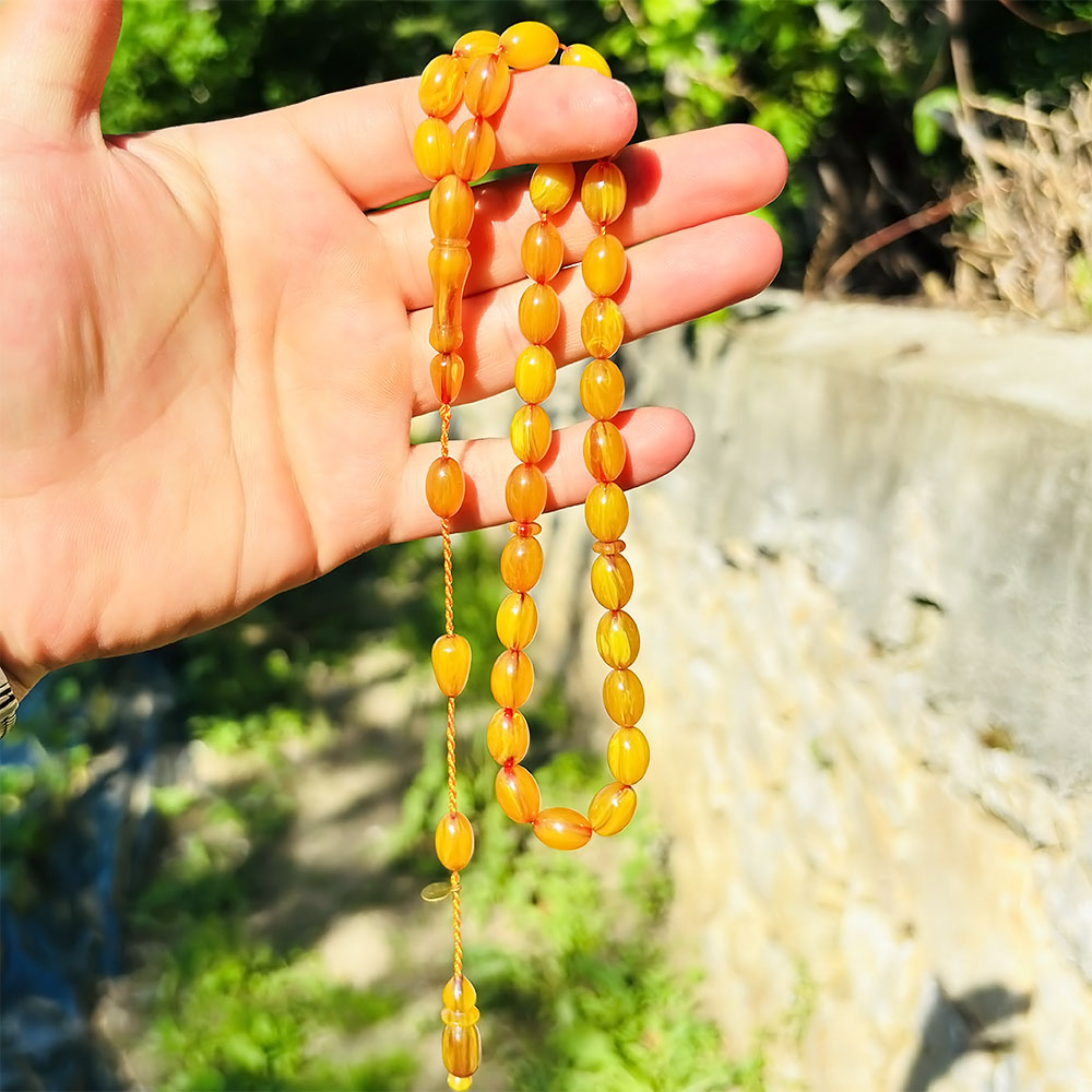 Sarı Ton Bol Hareli Sıkma Ateş Kehribar Tesbih - Görsel 3