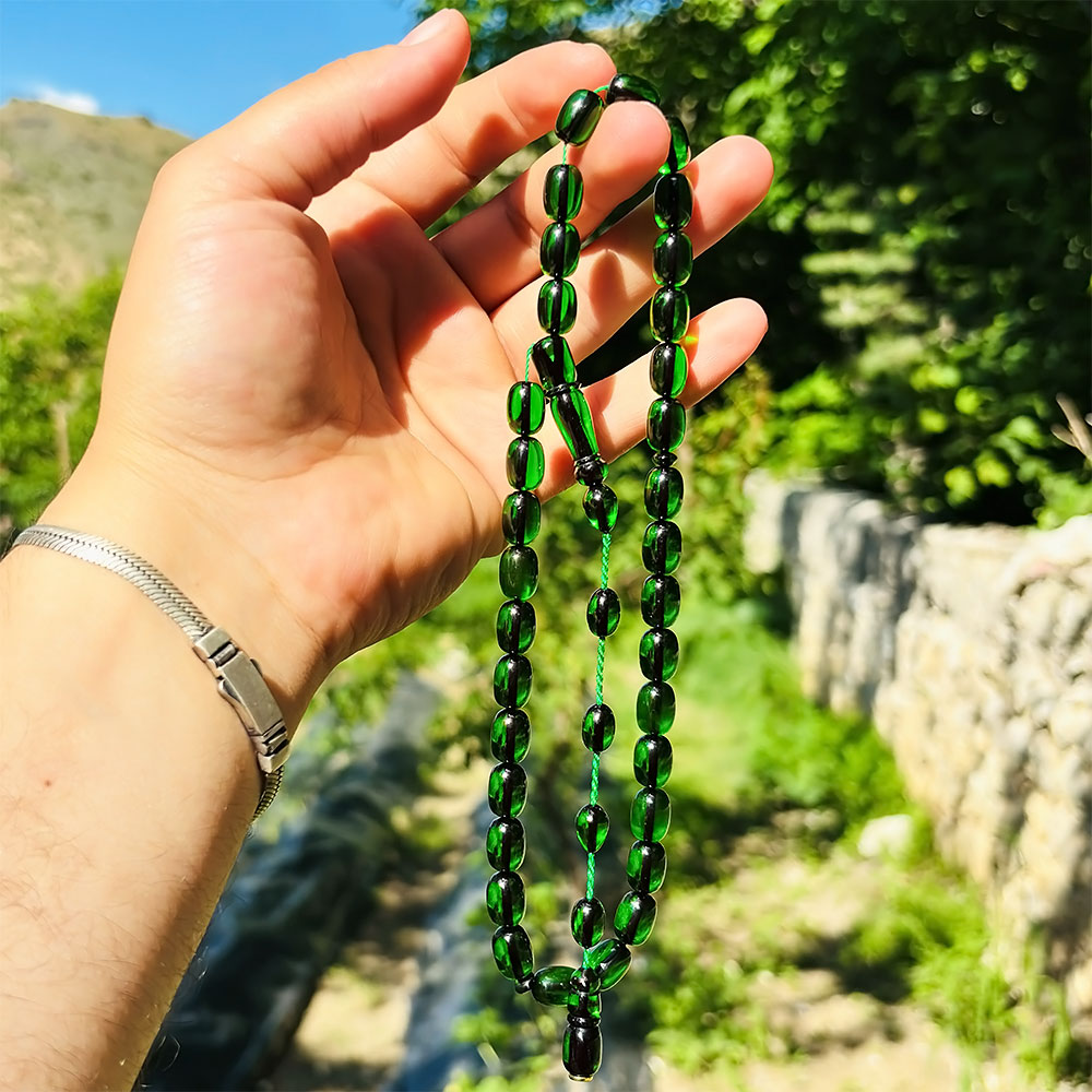 Yeşil Renk Sıkma Ateş Kehribar Tesbih - Görsel 5