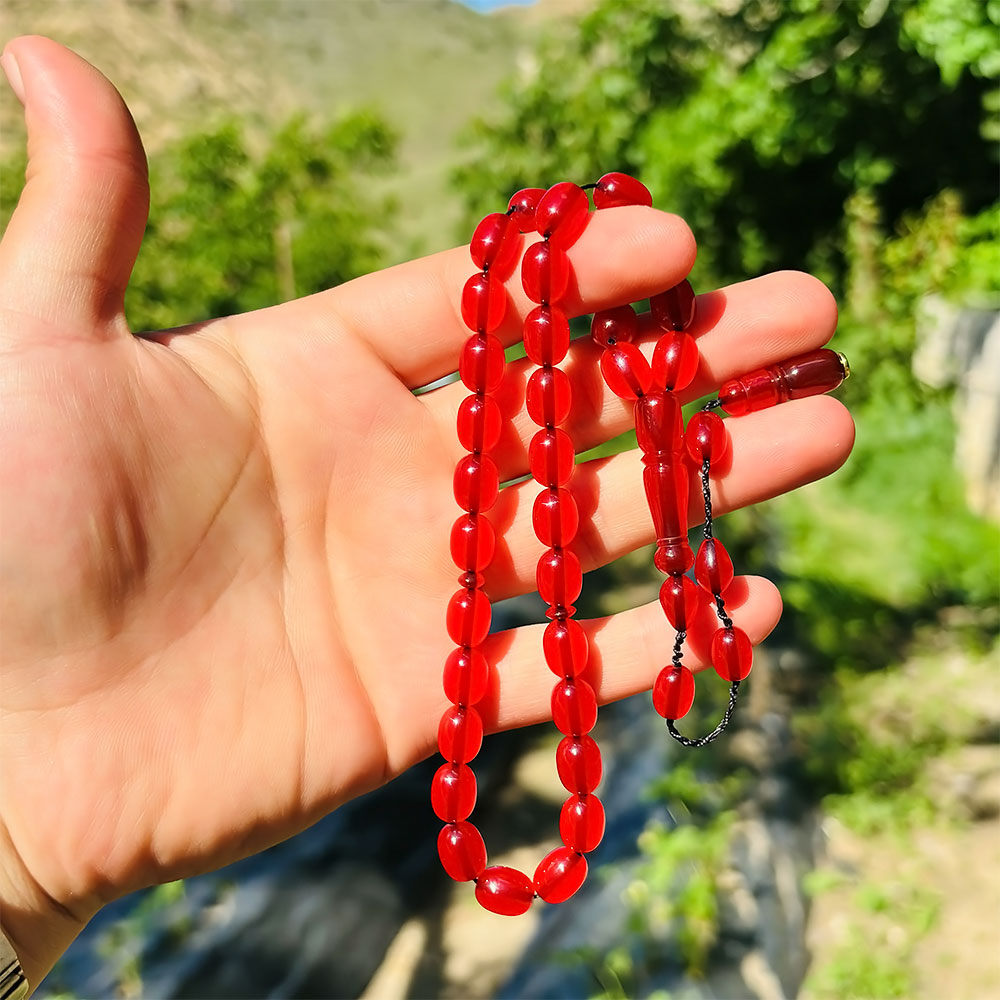 Kırmızı Renk Sıkma Ateş Kehribar Tesbih