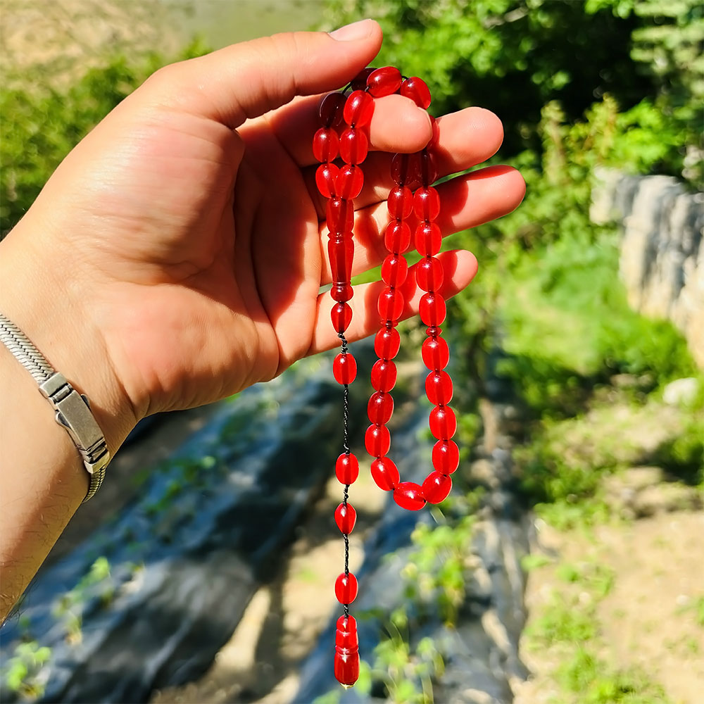Kırmızı Renk Sıkma Ateş Kehribar Tesbih - Görsel 4
