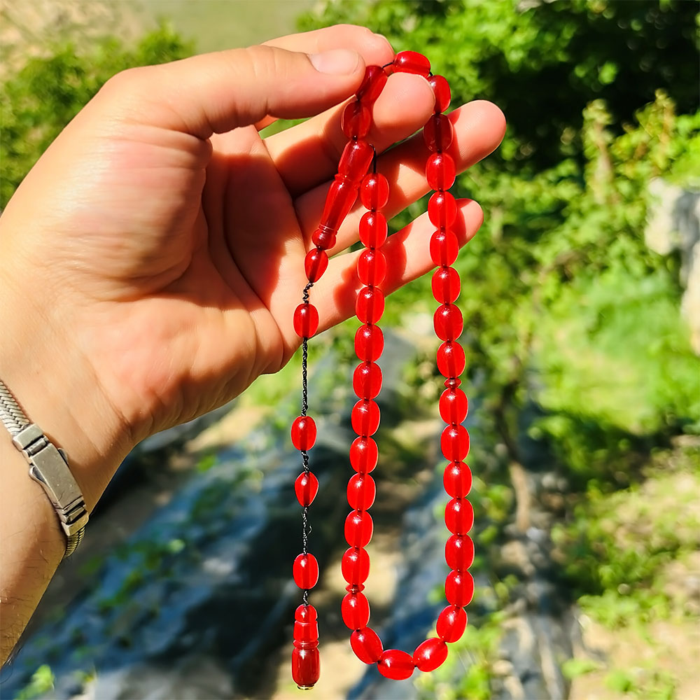 Kırmızı Renk Sıkma Ateş Kehribar Tesbih - Görsel 3